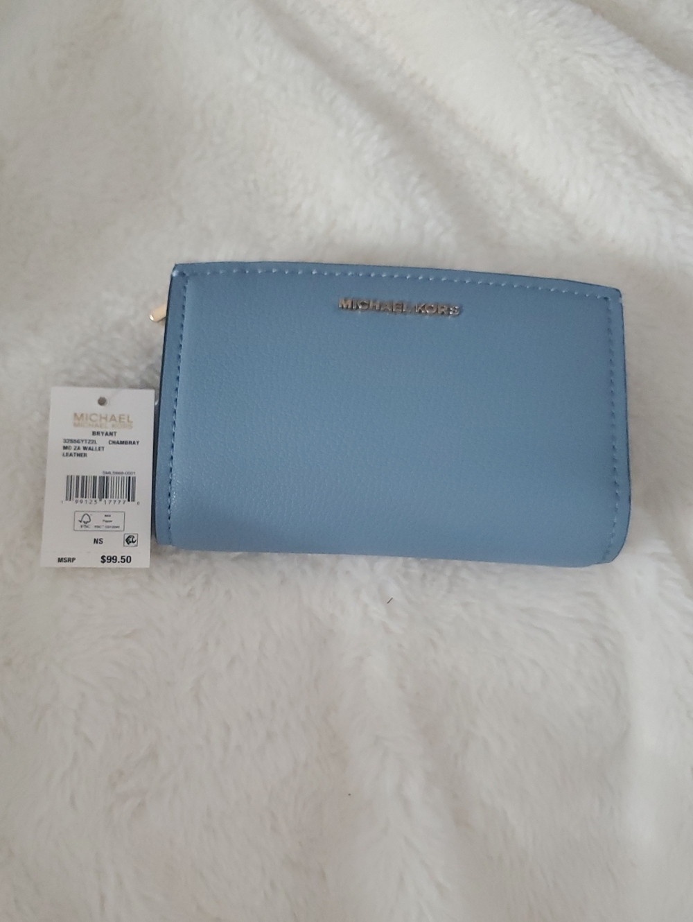 Michael Kors Light Blue Pebbled Leather Zip Around Wallet with Gold Logo